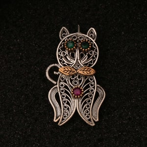 Handmade Cat Brooch in Filigree Silver with Colorful Stones and Bronze Leaf Detail for Animal Lovers
