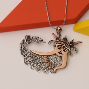 Large Shahmaran Pendant Necklace for Women with Filigree Silver Design and Bronze Accents Handmade Mythical Jewelry Gift