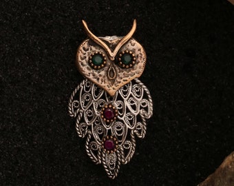 Handmade Silver Filigree Owl Brooch, Intricate Vintage Bird Pin, Unique Statement Brooch Gift for Her
