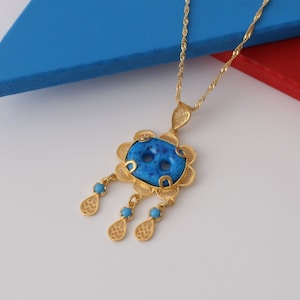 Handmade Filigree Syrian Necklace, Good Lucky Turquoise Necklace, Gold Plate Assyrian Necklace, Hercai Necklace, Evil Eyes Necklace, Reyyan