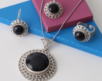 Sterling Silver Filigree Star Stone Jewelry Set: Boho Necklace, Earrings, Ring