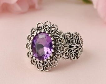 Amethyst Stone 925 Sterling Silver Filigree Ring, Adjustable Vintage Style Purple Gemstone Statement Ring