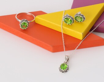 Stone of Regeneration, Peridot Stone Jewelry Set, Handmade Silver Jewelry Set, Anniversary Gift, Birthday Gift