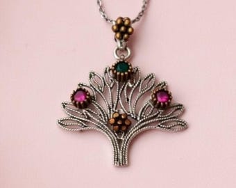 Handmade Sterling Silver Filigree Tree of Life Necklace, Red & Green Stones