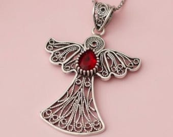 Guardion Angel Necklace: Handmade Filigree Jewelry, Sterling Silver Red Gemstone Pendant