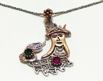 Handmade Mythical Queen Shahmaran Necklace in Sterling Silver with Bronze Accents and Gemstones, Ethnic Legend Jewelry Gift for Women