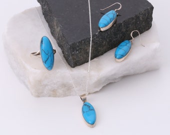 Handmade Turquoise Jewelry Set: Sterling Silver Necklace, Ring & Earrings