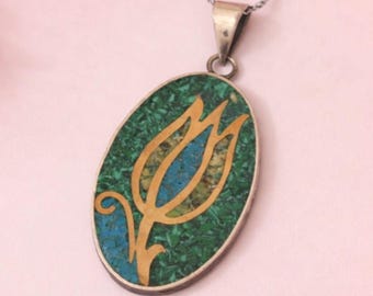 Unique Tulip Design Necklace, Turquoise Chalcedony and Emerald Stones on 925 Sterling Silver Pendant