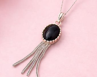 Black Onyx Stone Pendant for Men and Women – 925 Sterling Silver Tassel Boho Necklace