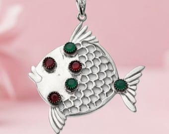 Pisces Pendant, Handmade Sterling Silver Fish Pendant: Red & Green Gemstone Accents
