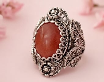 Vintage Sterling Silver Filigree Ring, Oval Goldstone, Boho Statement