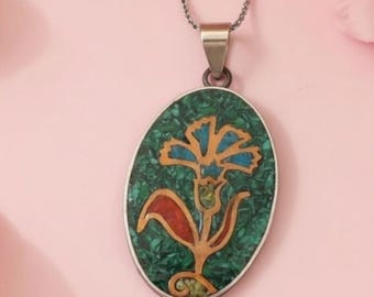Agate Chalcedony Turquoise Emerald Stones Floral Necklace, Unique  925 Sterling Silver Pendant
