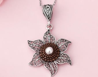 Unique Boho Flower Necklace, 925 Sterling Silver Filigree Elegant Pendant, Handmade Jewelry Gift