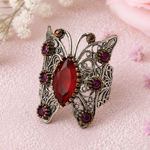 Ruby Butterfly Ring, 925 Sterling Silver Filigree Adjustable Ring, Large Statement Butterfly Jewelry, Turkish Artisan Gift for Her