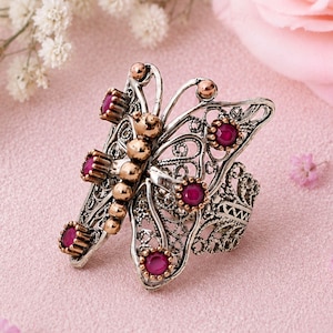 Ruby Butterfly Ring: Handmade Sterling Silver  Filigree Boho Statement