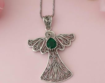 Angel Necklace with Green Gemstone and Elegant Spiritual Guardian Design