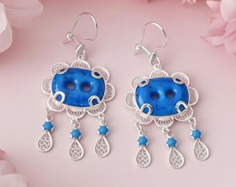 Assyrian Turquoise Evil Eye Amulet Earrings: Sterling Silver Filigree Earrings