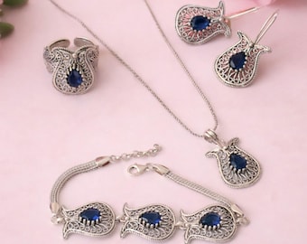 Tulip Design Jewelry, Handmade Filigree 925 Sterling Silver Sapphire Stones Jewelry Set
