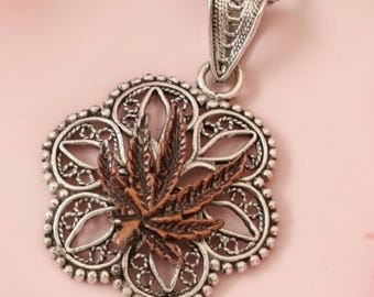 Handmade 925 Sterling Silver Cannabis Necklace with Filigree Design Symbolizing Freedom and Bohemian Spirit for Women and Men