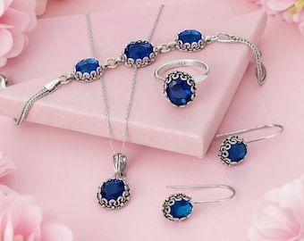 Elegant Blue Crystal Jewelry Set: Handmade 925 Sterling Silver Necklace, Ring, Bracelet, Earrings