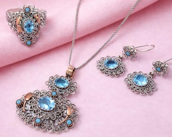 Aquamarine Gemstone Filigree Rose Accents Jewelry Set with 925 Sterling Silver Adjustable Ring, Necklace and Earrings
