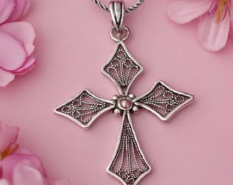 Christian Cross Necklace: Handcrafted 925 Sterling Silver Filigree Pendant