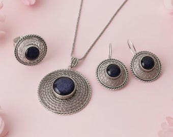 Handmade Star Stoned Sterling Silver Filigree Jewelry Set, Adjustable Ring