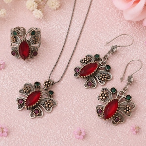 Butterfly Jewelry Set: Filigree 925 Sterling Silver  Ruby Stone Necklace, Earrings, Ring