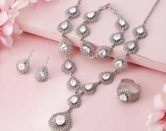 Drop Design Clear Crystal Necklace, Bracelet, Ring, Earrings: Handmade Sterling Silver Filigree Jewelry Set, Bridal Accessory Set