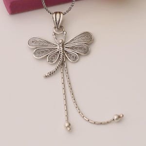 Dragonfly Filigree 925 Sterling Silver Necklace, Elegant Pendant, Nature Inspired Wing Detail and Dangle Tail, Unique Boho Necklace