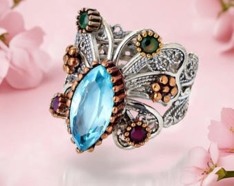 Aquamarine Butterfly Ring, Handmade Filigree Sterling Silver, Adjustable