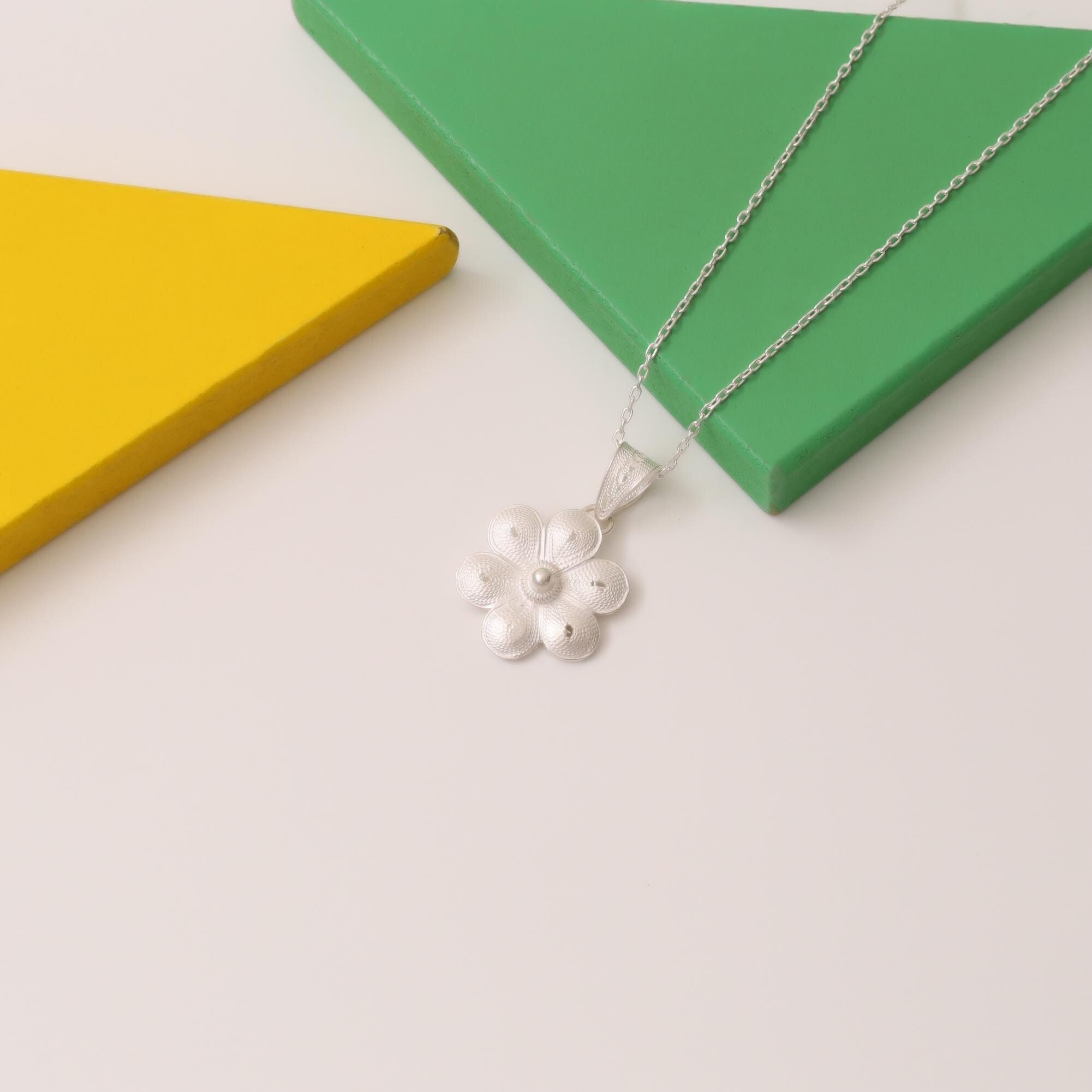 Handmade Sterling Silver Flower Pendant Necklace with Textured Petals, Minimalist Floral Jewelry for Women, Dainty Nature Inspired Gift