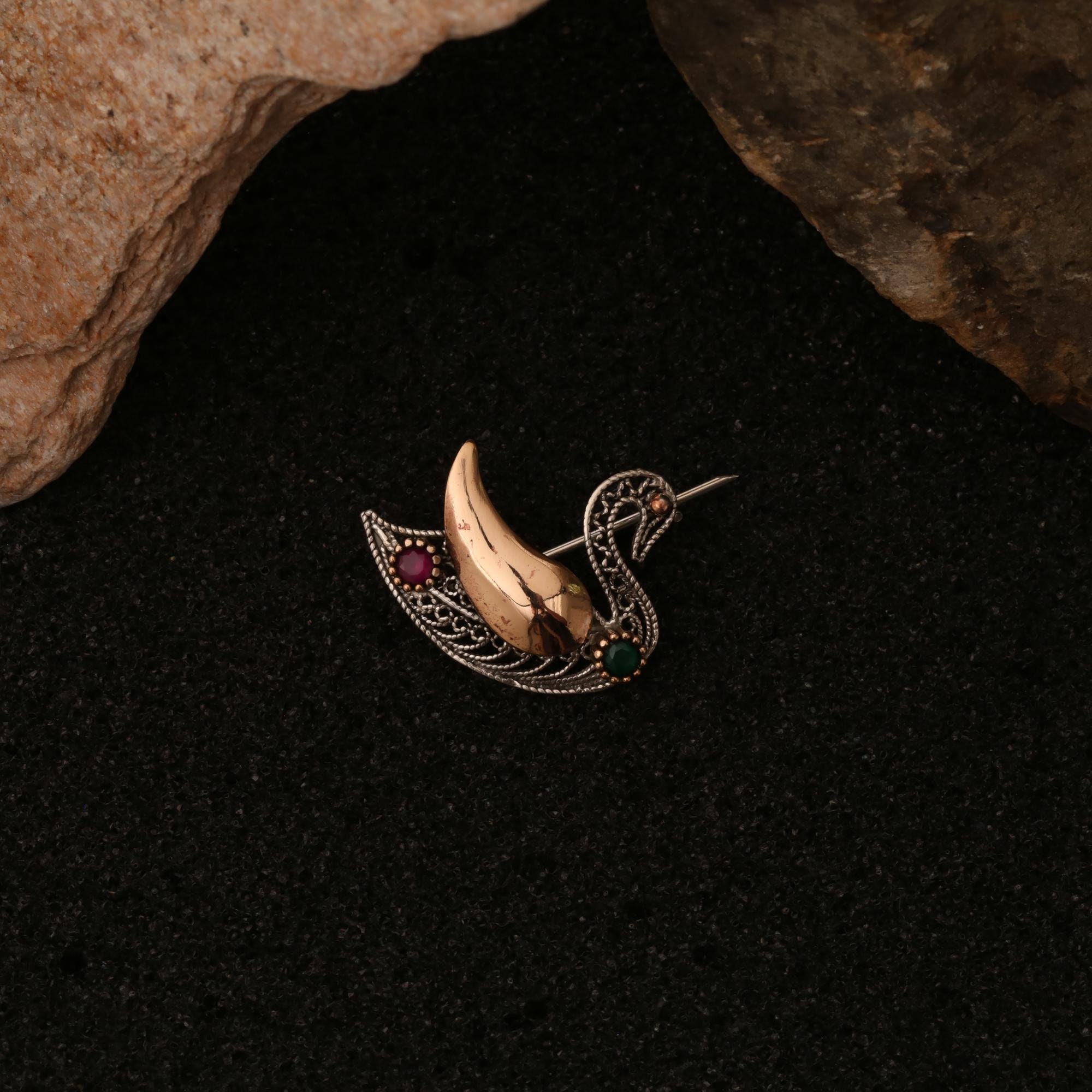 Vintage Inspired Filigree Bird Brooch in Silver with Gold-Tone Body and Colorful Gemstone Accents for Elegant Symbolic Styling