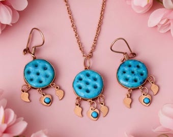 Symbolizing 8 Gates of Heaven Spiritual Jewelry Set, Turquoise Stone Rose Gold Plate 925 Sterling Silver Necklace and Earrings