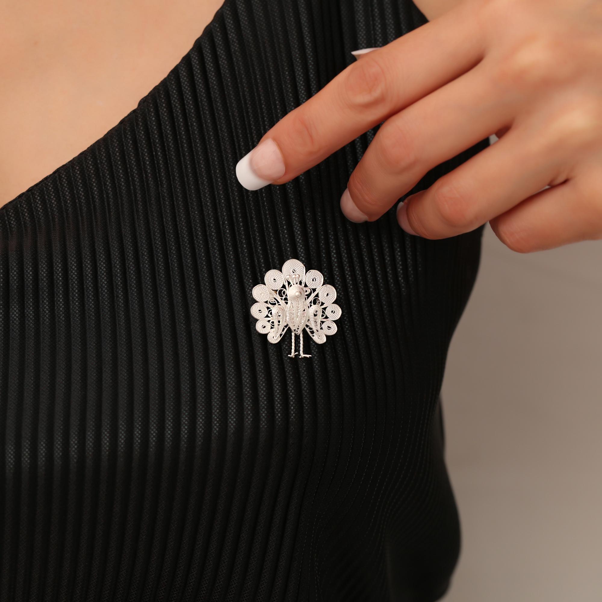 Broche Paon XXL En Argent Filigrané - Artisanale, Dimensions 38x80 Mm - Occasion En Argent Massif 925