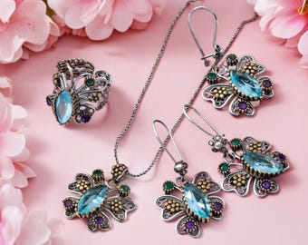 Inspired by Hercai Series Handmade Turkish Set, Butterfly Design Aquamarine Gemstone 925 Sterling Silver Filigree Jewelry Set