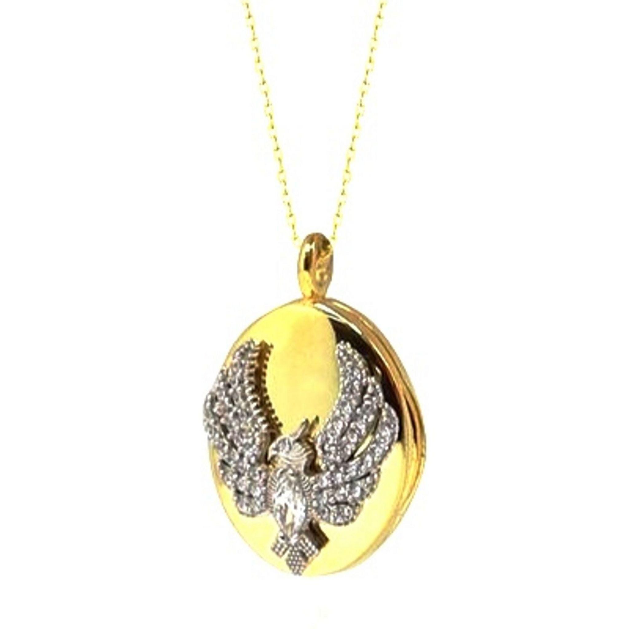 Gold Plated Silver Locket Necklace with Zircon Stones and Phoenix Design – Uzak Şehir TV Series Inspired Gift for Loved Ones