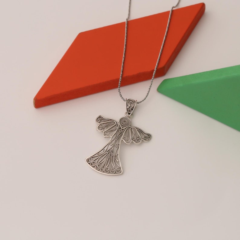 Handmade Silver Angel Necklace Elegant Filigree Design Spiritual Jewelry Gift for Women Guardian Angel Symbol Pendant
