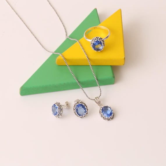 Sterling Silver Blue Stone Jewelry Set: Vintage Necklace  display picture 1