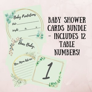 Baby-Dusche-Karten-Bundle - Blumen- und Salbei-Babyparty-Tischnummern, neue Mama-Beratungskarten, Briefe an Baby, Gefälligkeiten für Gäste