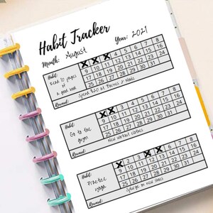 May include: A habit tracker for the month of August with three different habits listed: read 10 pages of a good book, go to the gym, and practice yoga. Each habit has a calendar grid with check marks for days completed. The reward for completing the reading habit is to spend £20 at Barnes & Noble, the reward for completing the gym habit is new workout clothes, and the reward for completing the yoga habit is to splurge on new shoes.