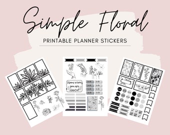 Printable Floral Planner Stickers - Stickers for Happy Planner, Black and White Stickers, Printable Flower Sticker Bundle, Floral Stickers