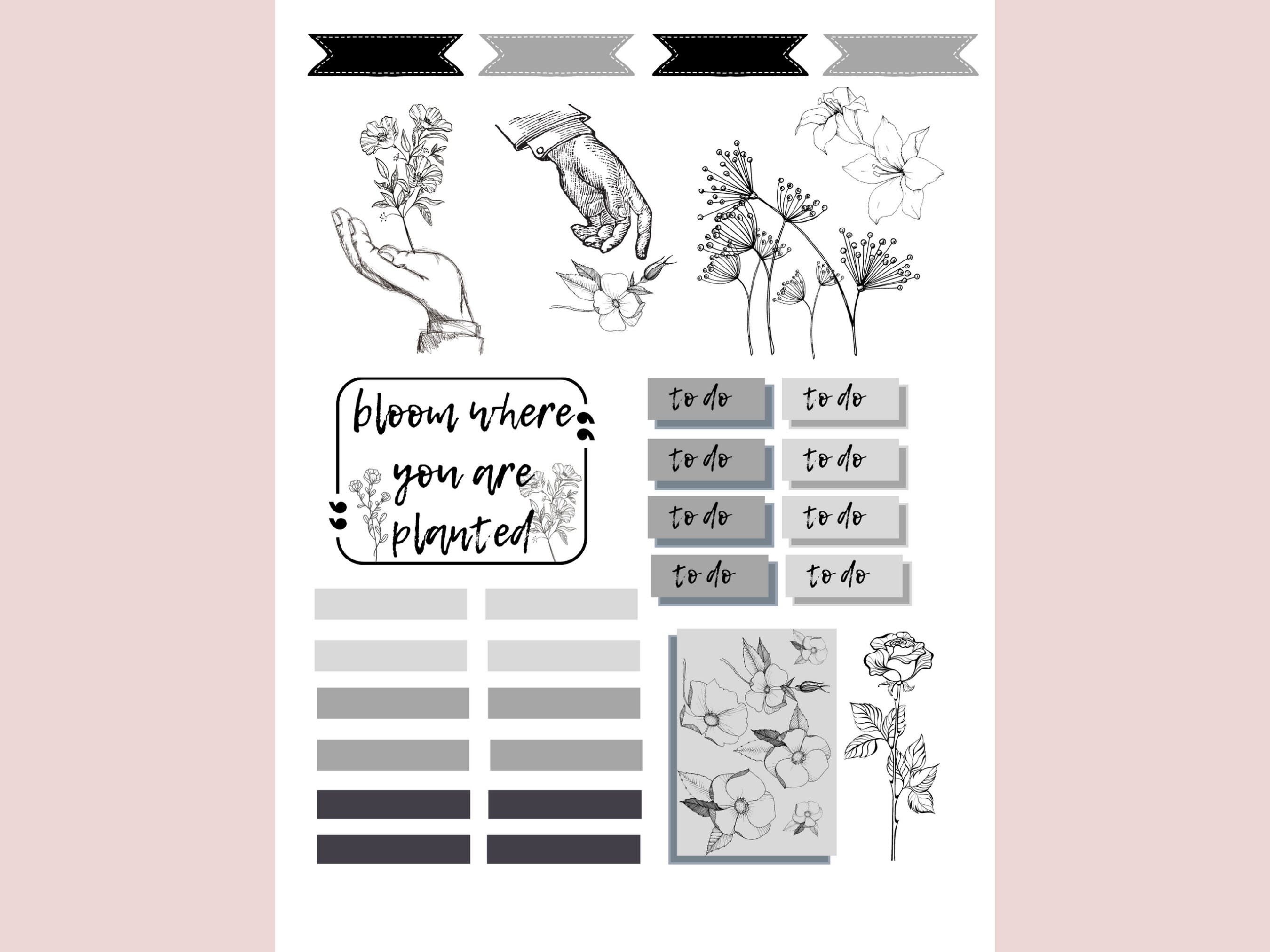 Printable Floral Planner Stickers - Stickers for Happy Planner, Black ...
