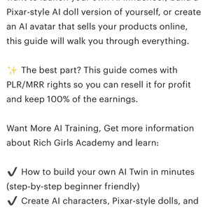 May include: A mobile phone screen displays text about creating AI twins, including building AI characters and using them for social media. The guide offers PLR/MRR rights. The Etsy logo is visible at the bottom.