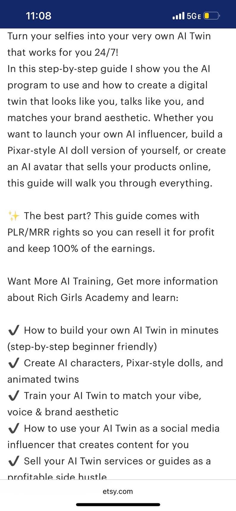 May include: A mobile phone screen displays text about creating AI twins, including building AI characters and using them for social media. The guide offers PLR/MRR rights. The Etsy logo is visible at the bottom.