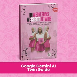 May include: A book titled "On Wednesdays We Create AI Twins" with a pink cover. The cover features three women in white tops and pink skirts, holding pink books. The book's title is in large, bold letters. The bottom of the image reads "Google Gemini AI Twin Guide."
