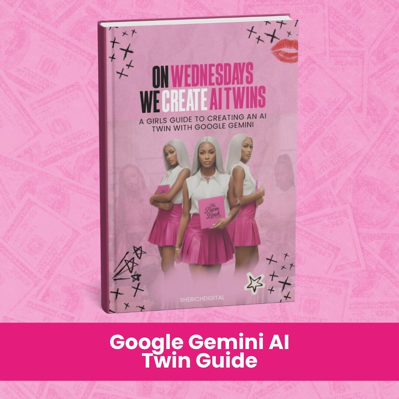 May include: A book titled "On Wednesdays We Create AI Twins" with a pink cover. The cover features three women in white tops and pink skirts, holding pink books. The book's title is in large, bold letters. The bottom of the image reads "Google Gemini AI Twin Guide."