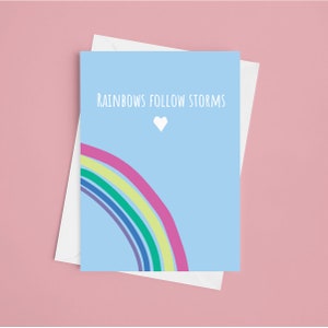 Rainbows Follow Storms - Tarjeta de felicitación de fertilidad A5, tarjeta de aborto espontáneo, tarjeta de pensamiento en ti, tarjeta de bebé de arco iris, tarjeta de envío de amor, arco iris