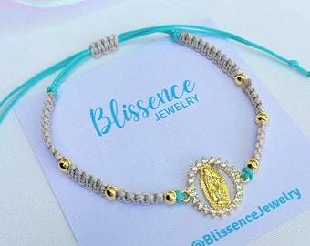 Virgen de Guadalupe Bracelet: Gold Plated Charm, Nylon Cord