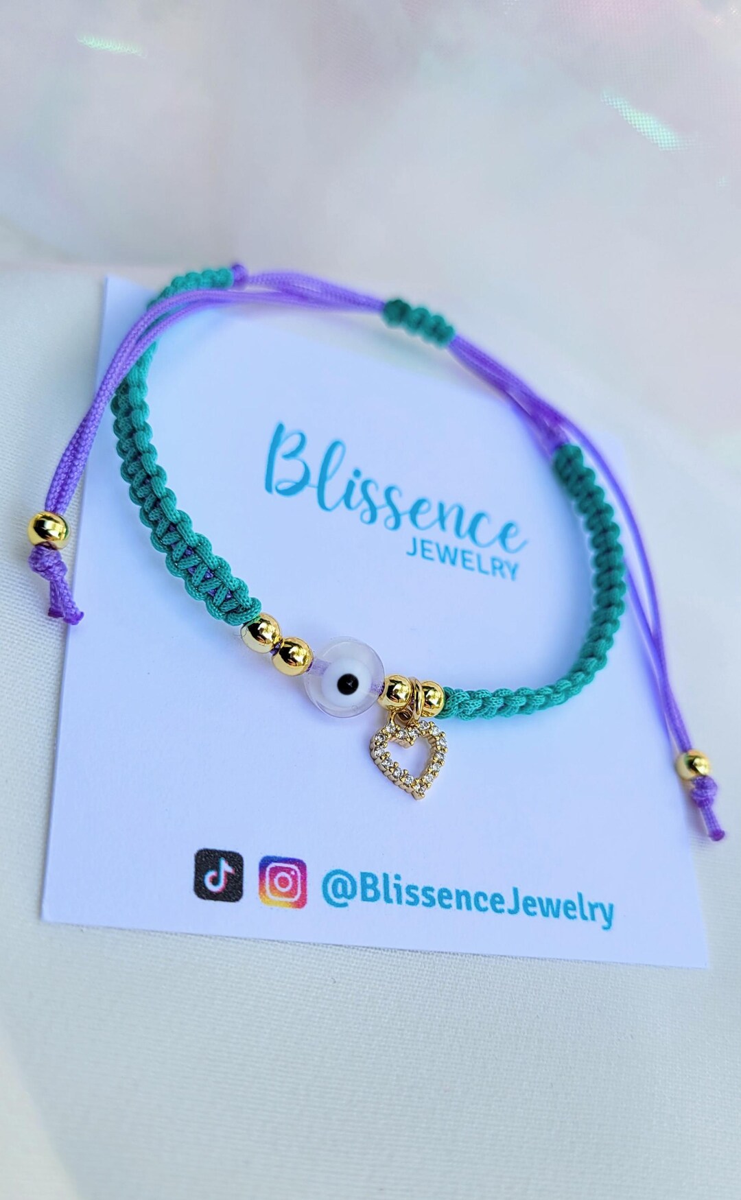 Evil Eye String Bracelet: Gold Plated Heart, Macrame Protection Jewelry ...
